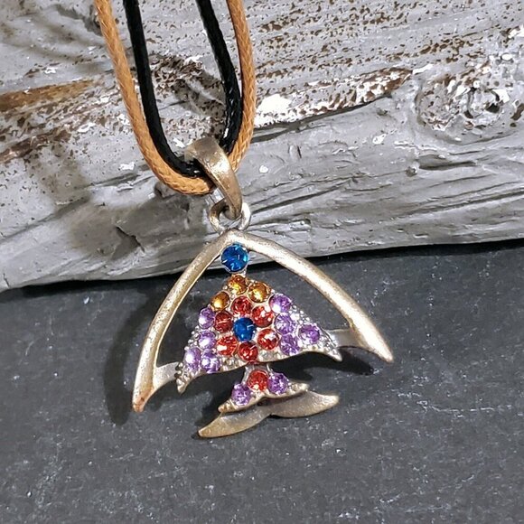 Rustic Antique Bronze Rhinestones Tropical Fish Pendant Necklace Vegan Leather - Picture 9 of 11